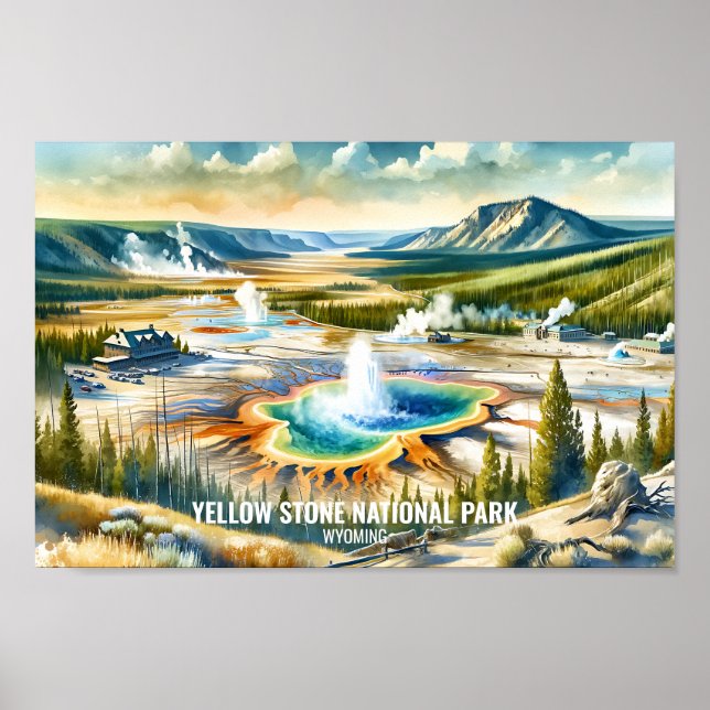 Affiche Parc national Yellowstone Aquarelle de voyage (Devant)