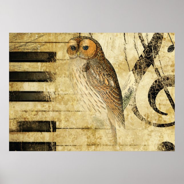 Affiche Parchemin vintage ~ Chouette sur piano (Devant)