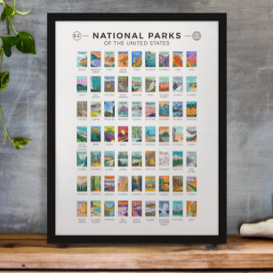 Affiche Parcs nationaux des États-Unis Liste Vintage