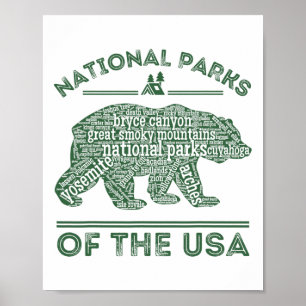 Affiche Parcs Nationaux Ours Randonnée Voyage Camping Plei