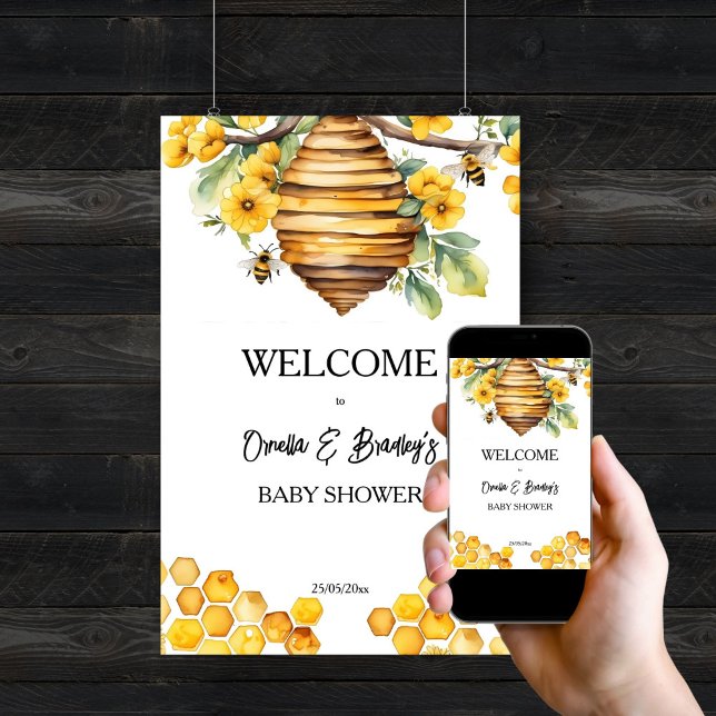 Affiche Parents à abeilles miel baby shower signe de bienv (Parents to bee honey bee baby shower welcome sign editable template digital download beehive yellow)