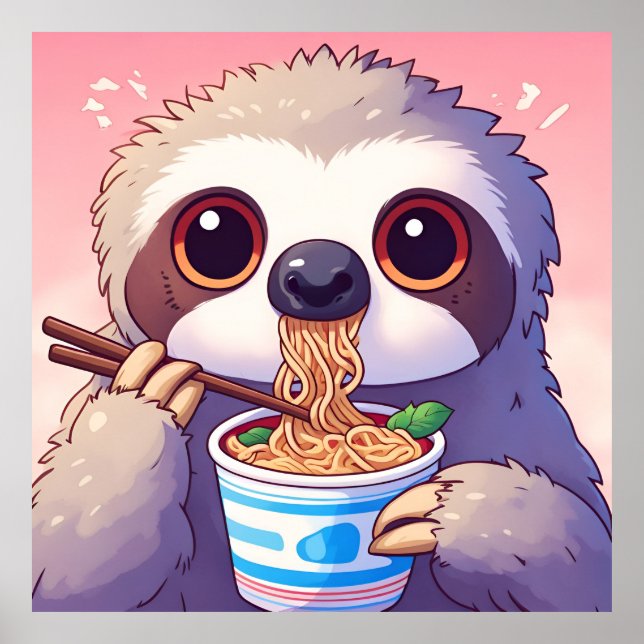 Affiche Paresseux adorable mangeant du Ramen (Devant)