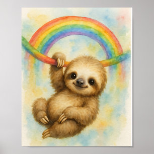 Affiche Paresseux aquarelle mignon suspendu à un arc-en-ci