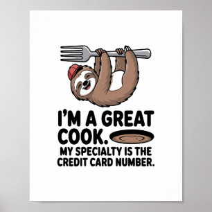 Affiche Paresseux cuisinier drôle suspendu à une fourchett