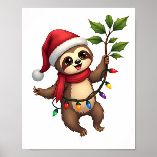 Affiche Paresseux de lumières de Noël portant un chapeau d