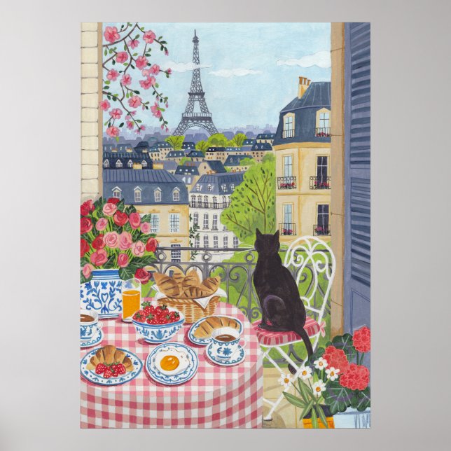 Affiche Paris Balcony Breakfast Cat Eiffel Tower View Arts (Devant)