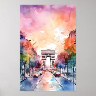 Affiche Paris Champ Elysées Aquarelle Mur Art Imprimer