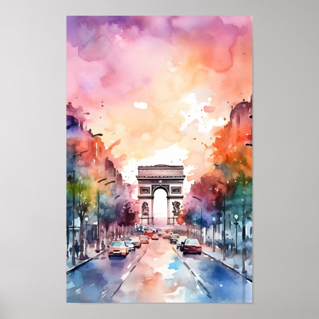 Affiche Paris Champ Elysées Aquarelle Mur Art Imprimer (Devant)