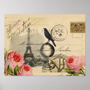 Affiche Paris Crow Globe French Postcard Rose Art Print