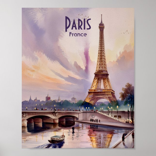 Affiche Paris Eiffel Tower Seine River Sunset Watercolor (Devant)