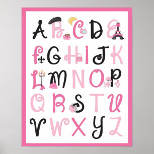 Affiche Paris France Alphabet A à Z sur fond rose chaud