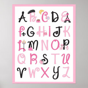 Affiche Paris France Alphabet A à Z sur fond rose clair