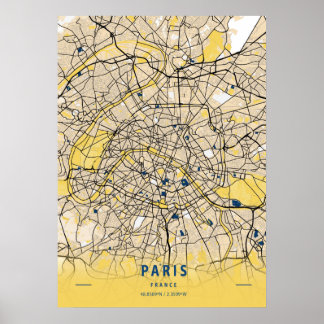 Affiche Paris - France Carte de la ville jaune