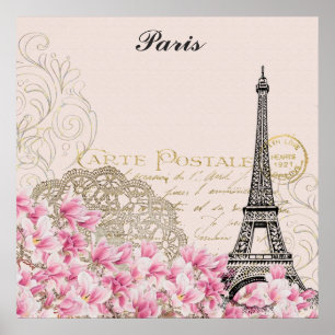 Affiche Paris France Eiffel Tower Vintage Pink Flowers Pos