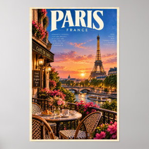 Affiche Paris France Tour Eiffel Coucher de soleil Café Vo