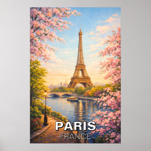 Affiche Paris France Tour Eiffel Fleurs de Cerisier Vintag