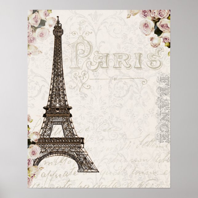 Affiche Paris France Tour Eiffel Roses Roses Fines Chic Gl (Devant)