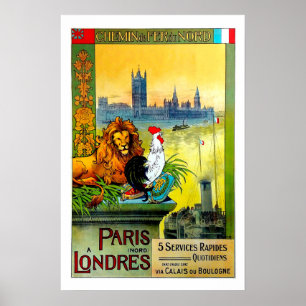 Affiche Paris Londres, Chemin de Fer du Nord, voyage