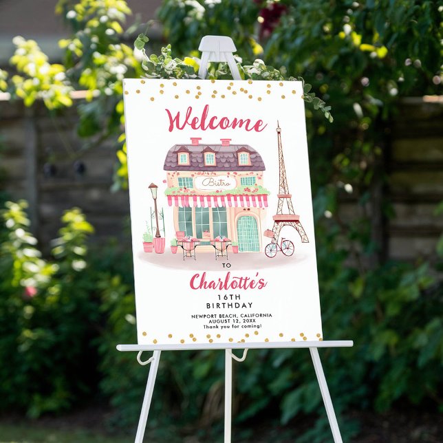 Affiche Paris Nuit Eiffel Bistro Pink Green Party Bienvenu (paris bistro eiffel tower pink mint gold confetti birthday party welcome sign poster)