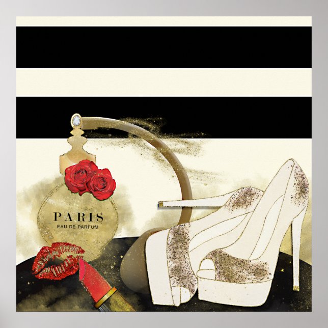Affiche Paris Parfum Parfum Roses Talons & Rouge à Lèvres (Devant)