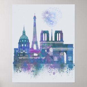 Affiche Paris Skyline - Aquarelle bleu