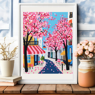 Affiche Paris Street Cherry Blossoms Café Wall Art