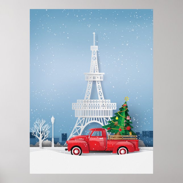 Affiche Paris Tour Eiffel Camion Rouge Noël (Devant)