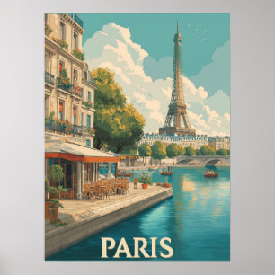 Affiche Paris vintage : Tour Eiffel & Café Seine