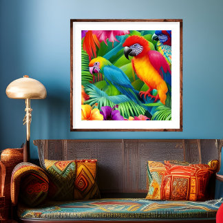 Affiche Parrot 3 Oiseaux Tropical Floral palmiers bleu vio