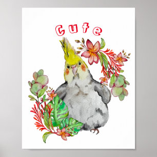 Affiche Parrot Corella mignonne dans les fleurs tropicales