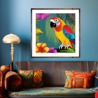 Affiche Parrot Oiseau Tropical Palmiers bleus violet rouge