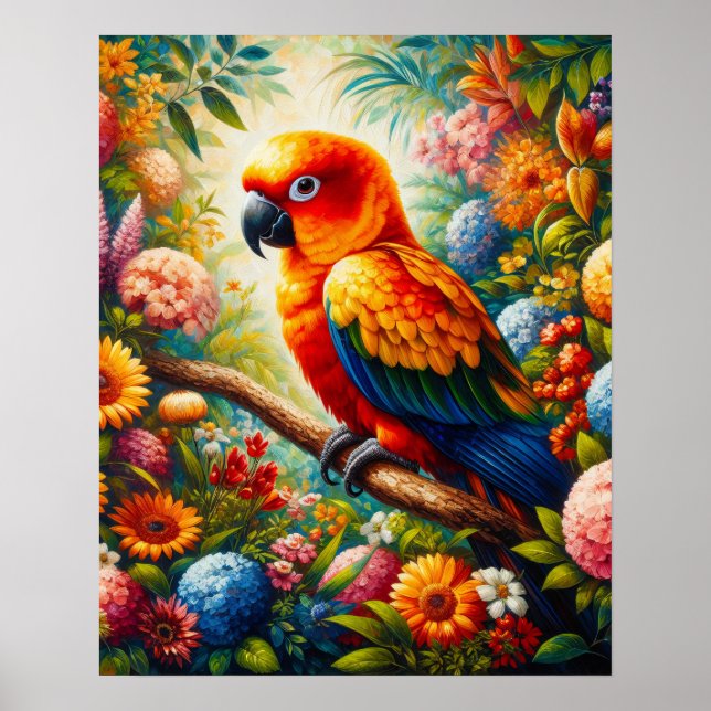 Affiche Parrot Sun Conure aux fleurs colorées (Devant)