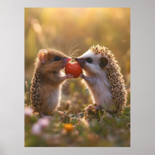 Affiche Partage d'une fraise - Hérisson adorable et souris