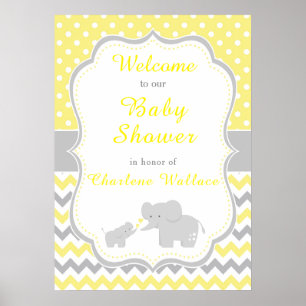 Affiche Parti Eléphant Jaune et Gris Baby shower