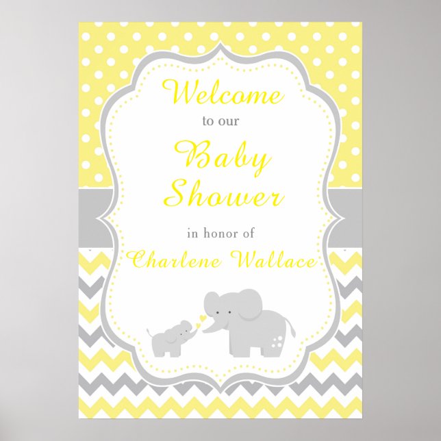 Affiche Parti Eléphant Jaune et Gris Baby shower (Devant)