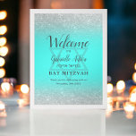 Affiche Parties scintillant argent chic Bat mitzvah turquo<br><div class="desc">Chic argenté et argent parties scintillant ombre turquoise bleu Bat mitzvah signe de bienvenue. L'arrière - plan bleu turquoise est entièrement personnalisable. Ajoutez votre nom hébreu.</div>