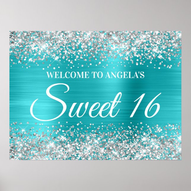 Affiche Parties scintillant Argent Turquoise Bleu Sweet 16 (Devant)