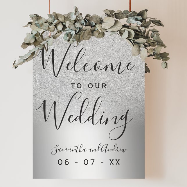 Affiche Parties scintillant argentée ombre métallique mari (Silver glitter ombre metallic wedding welcome poster)