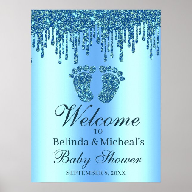 Affiche Parties scintillant  Baby shower bleu pieds Affich (Devant)