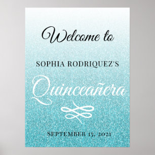 Affiche Parties scintillant bleue Quinceañera 15e annivers