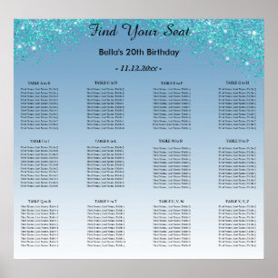 Affiche Parties scintillant bleue turquoise Plan alphabéti