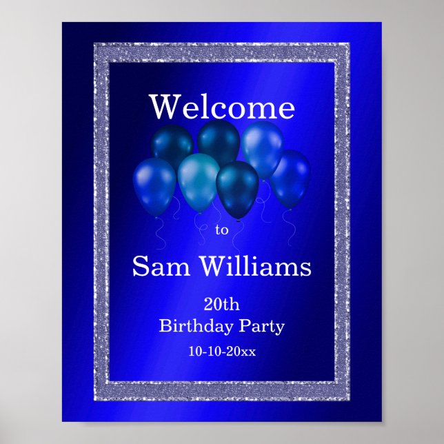 Affiche Parties scintillant bleues et ballons d'anniversai (Devant)