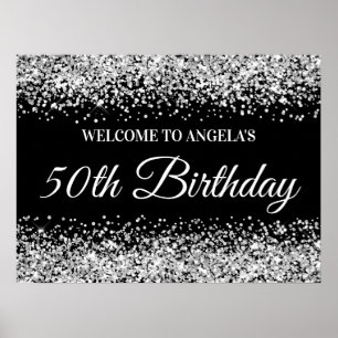Affiche Parties scintillant d'argent Black 50th Birthday W