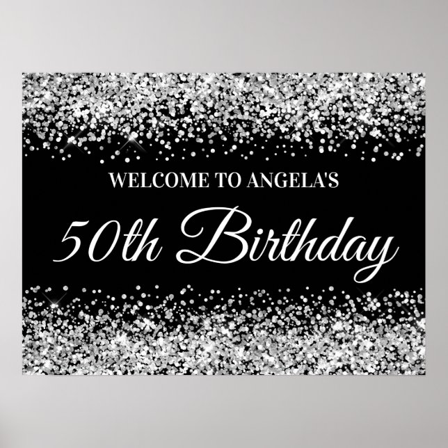 Affiche Parties scintillant d'argent Black 50th Birthday W (Devant)