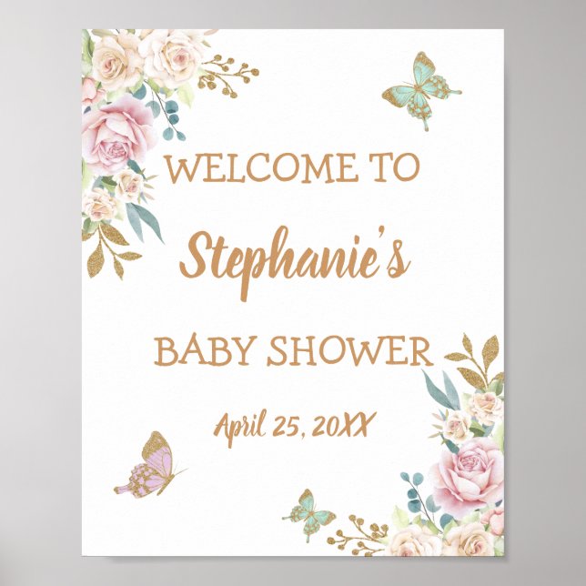 Affiche Parties scintillant d'or Baby shower petit papillo (Devant)