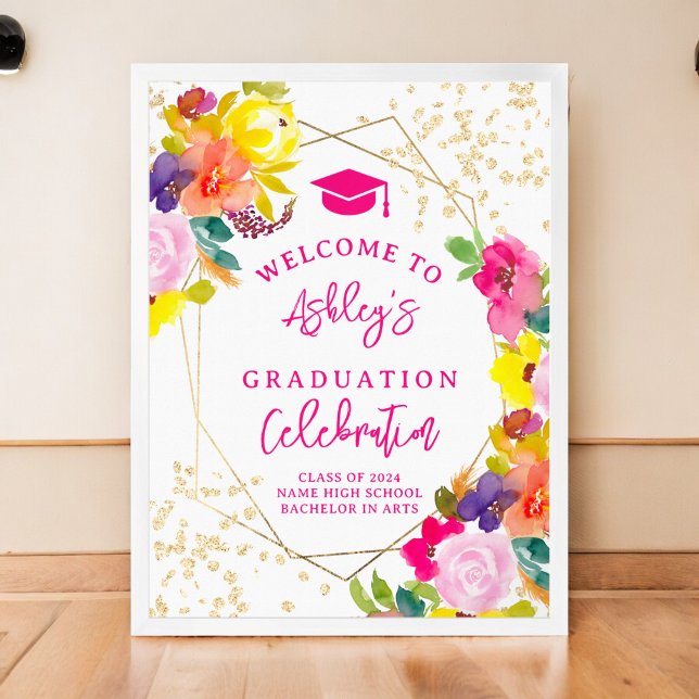 Affiche Parties scintillant d'or boho audacieux graduation (Gold glitter boho bold floral graduation welcome poster)