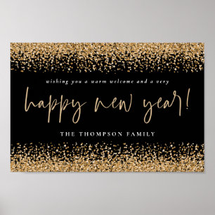 Affiche Parties scintillant d'or Bonne année Nom Noir Impr