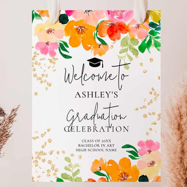 Affiche Parties scintillant d'or fleurie graduation botani (Gold glitter floral botanical graduation welcome poster)