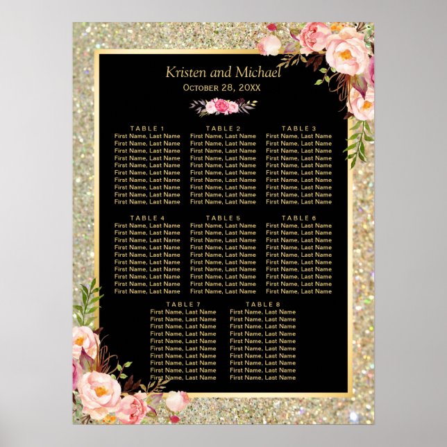 Affiche Parties scintillant d'or rose floral 8 tables Diag (Devant)
