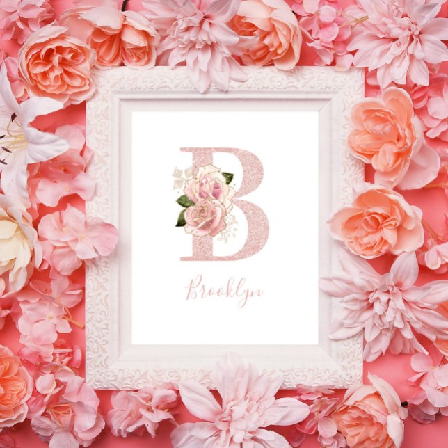 Affiche Parties scintillant d'or Rose pâle de fille Monogr (Floral B Monogram Poster)